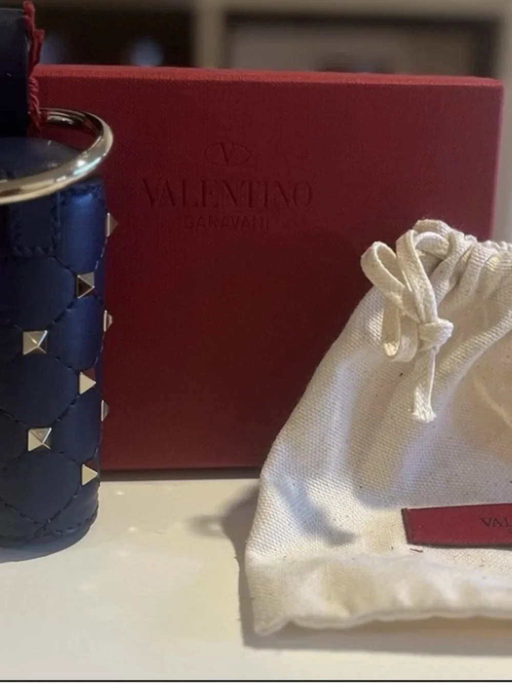 Valentino Garavani Navy Leather Studded Lipstick holder/ Keychain